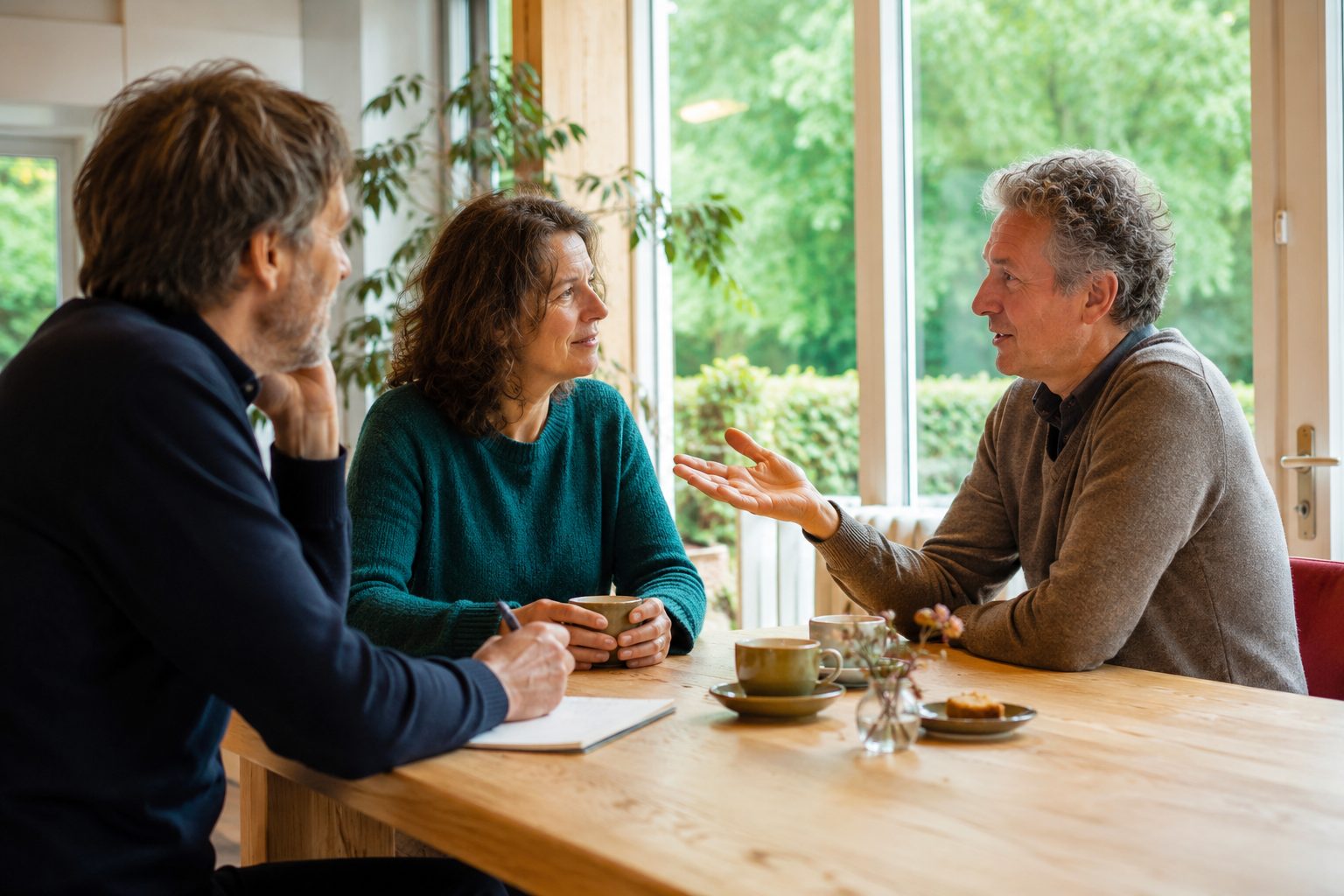 Drie mensen in gesprek aan een houten tafel bij een raam, met koffie en een notitieblok