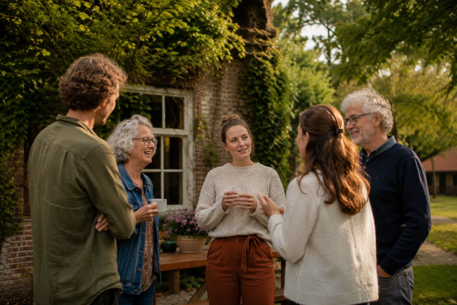 Vijf mensen in gesprek in de tuin bij een oud pand