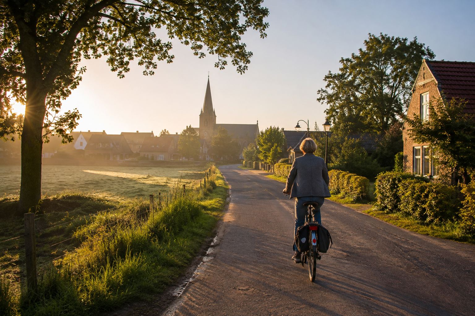 Fietser op weg naar het dorp in het ochtendlicht
